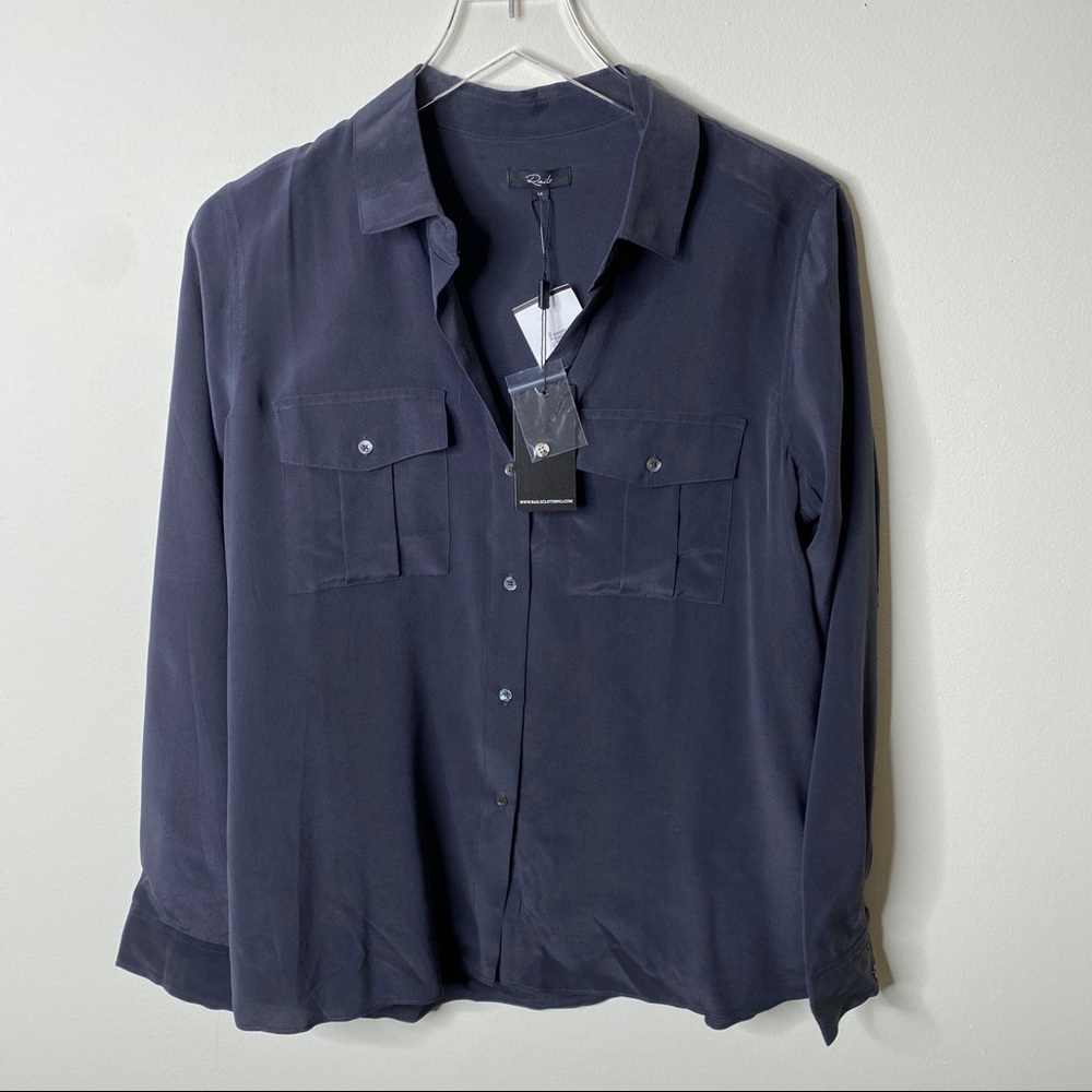 Rails 100% Silk Rhett Charcoal Pocket Blouse Top M - Picture 3 of 9